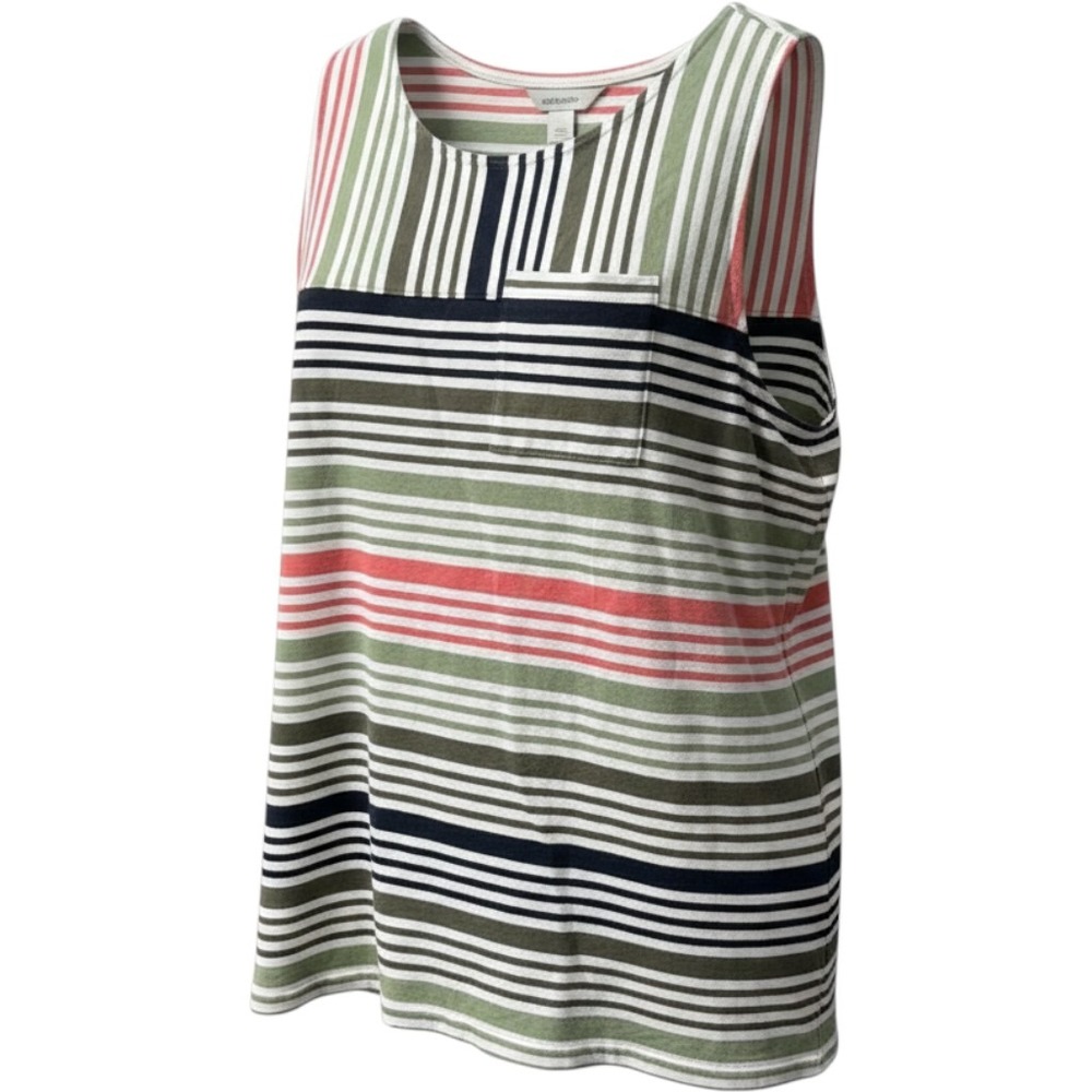 Cj Banks Women 2X Striped Tank Top Sleeveless Pocket Green Coral Navy Cotton